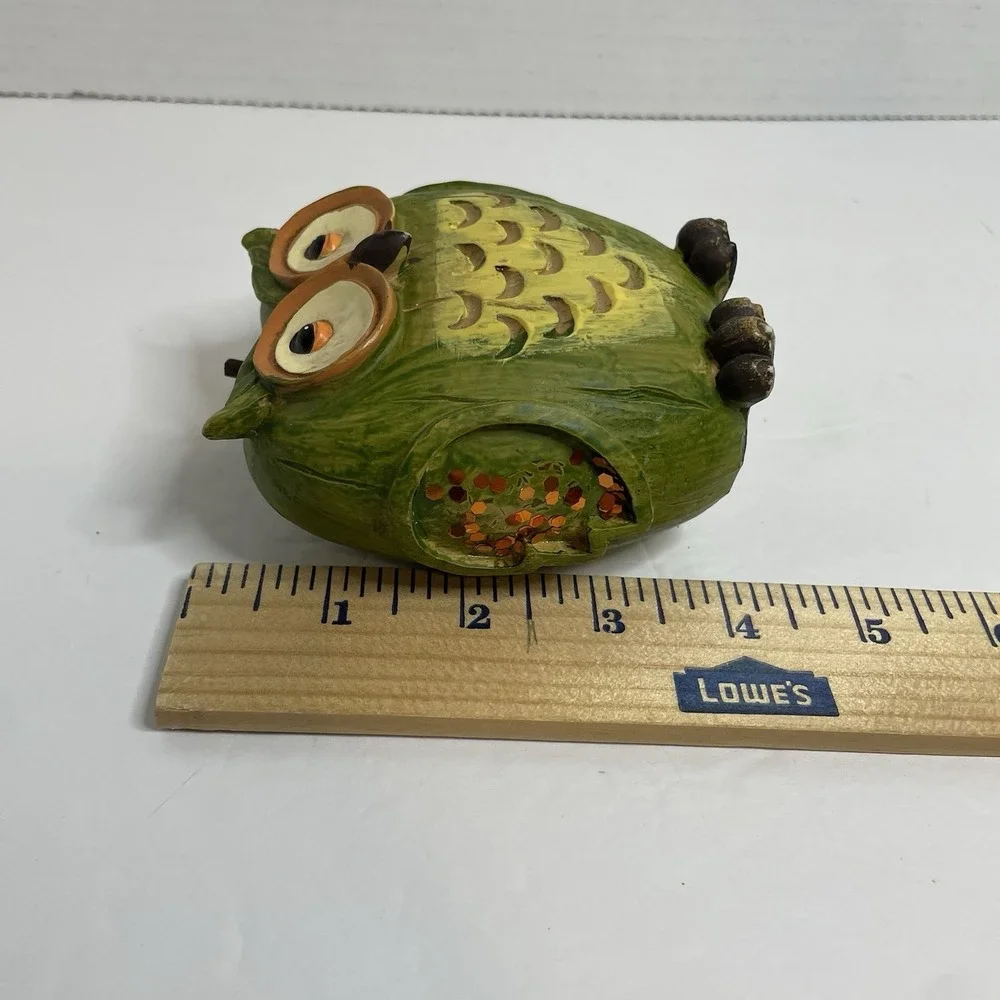 OWL Apple Shaped Wood Resin Figurine Green Glitter Wings Textured